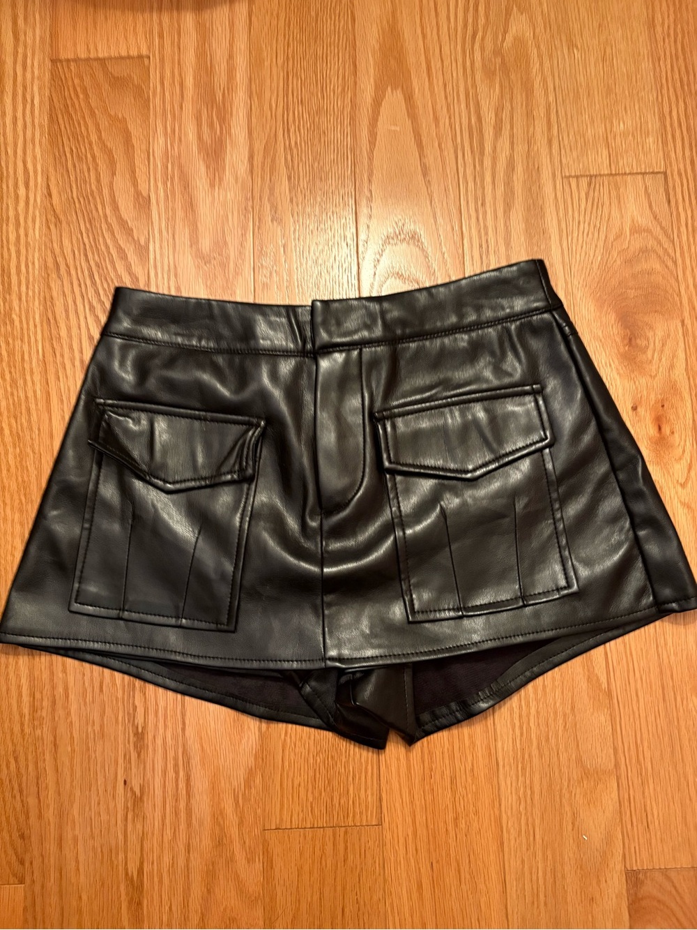 Forever 21 Black Faux Leather Mini Skort with Front Flap Pockets